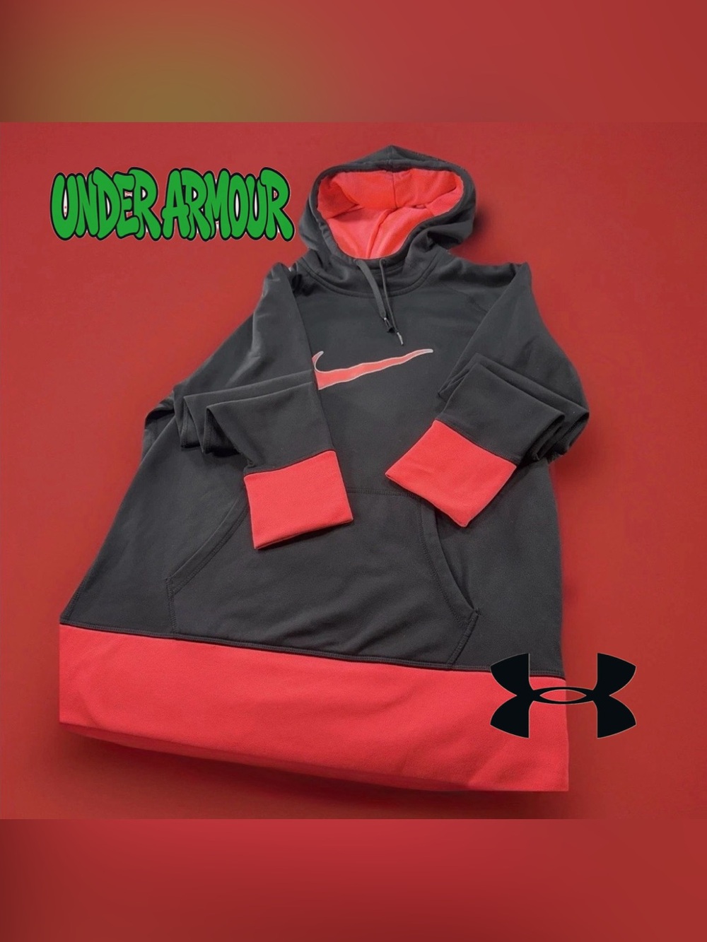 Nike Therma-Fit Hoodie L Black Coral Swoosh Pullover Fleece Sweatshirt Womens